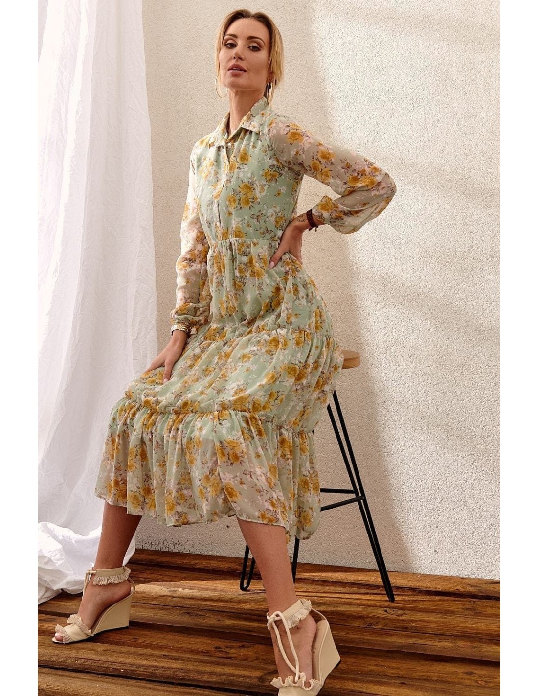 Floral dress with a collar, pistachio PR10200 - Online store - Boutique